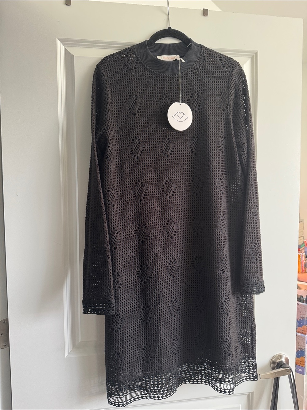 See By Chloé Black Openwork Crochet Long-Sleeve Shift Dress.
Good fit size 10